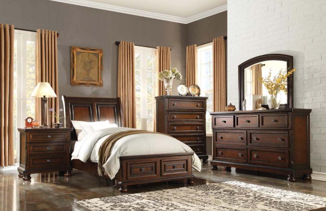 Cumberland King Sleigh Platform Bed with Footboard Storage in Brown Cherry