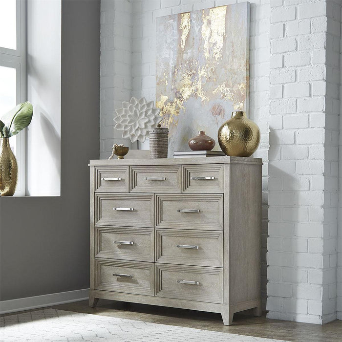 Liberty Furniture Belmar 9 Drawer Bureau Dresser in Washed Taupe and Silver Champagne image